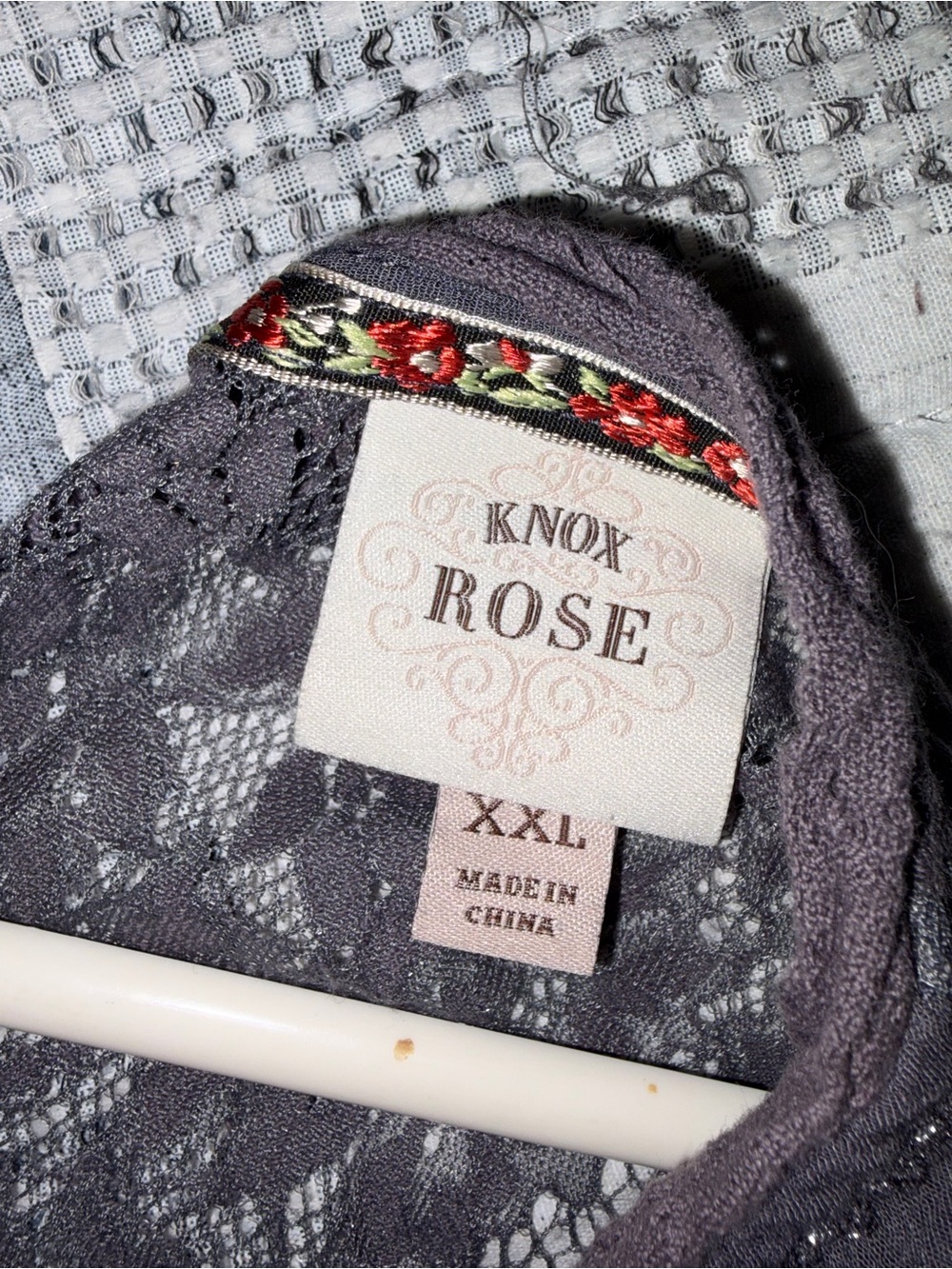 Knox Rose Lace Tunic Top in Plum Gray with Floral Trim